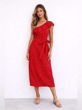 Billabong Red Polka Dot One Shoulder Maxi Dress XS | Summer Vacation Vibes